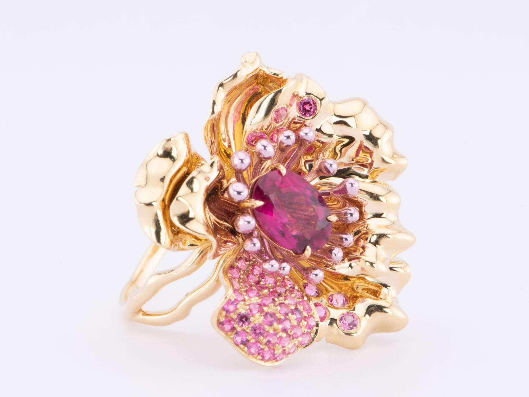 Art Jewelry Rubellite Tourmaline Center Flower Ring / Pendant 18K Gold R6641 For Sale 3