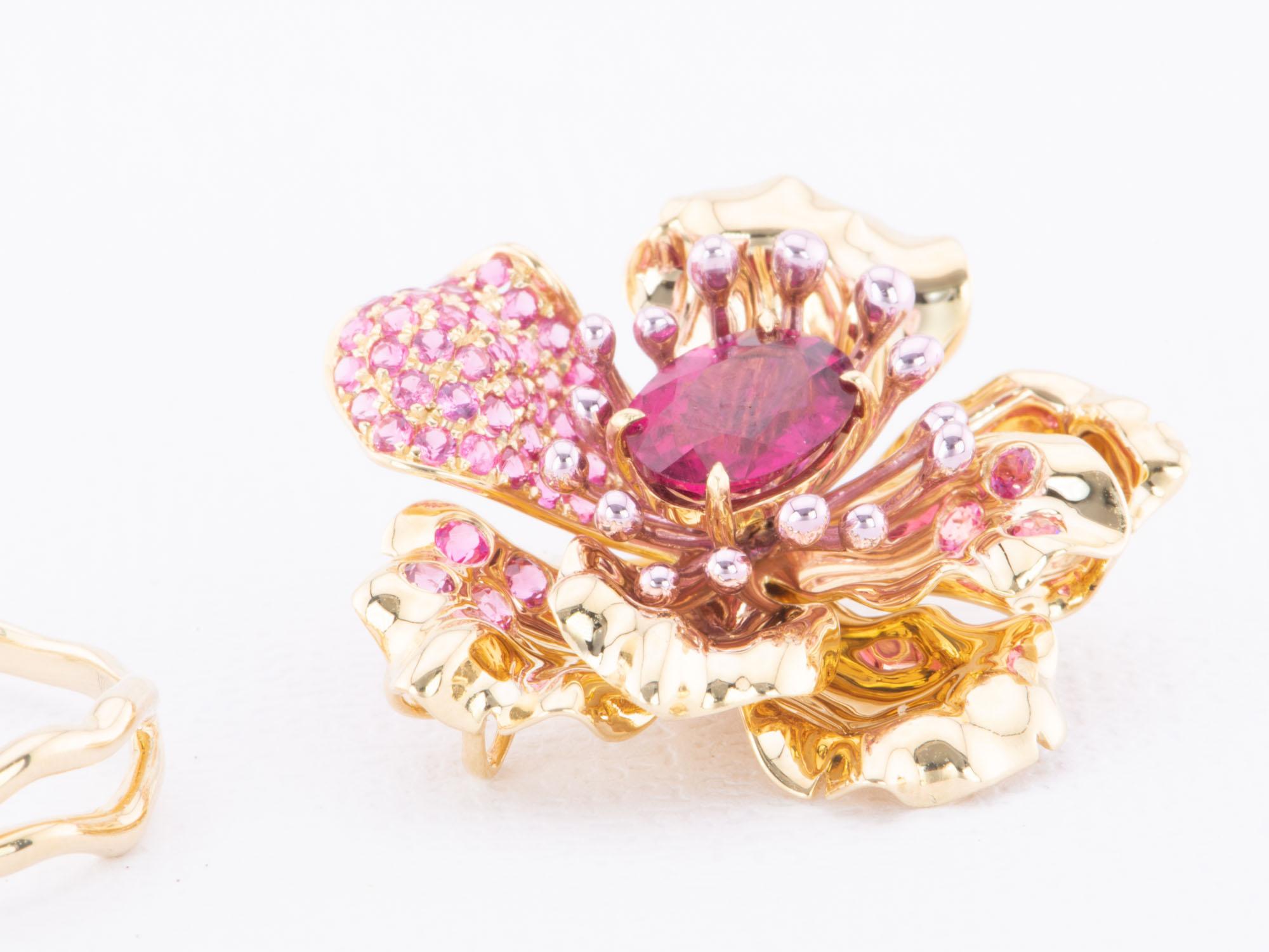Art Jewelry Rubellite Tourmaline Center Flower Ring / Pendant 18K Gold R6641 For Sale 4