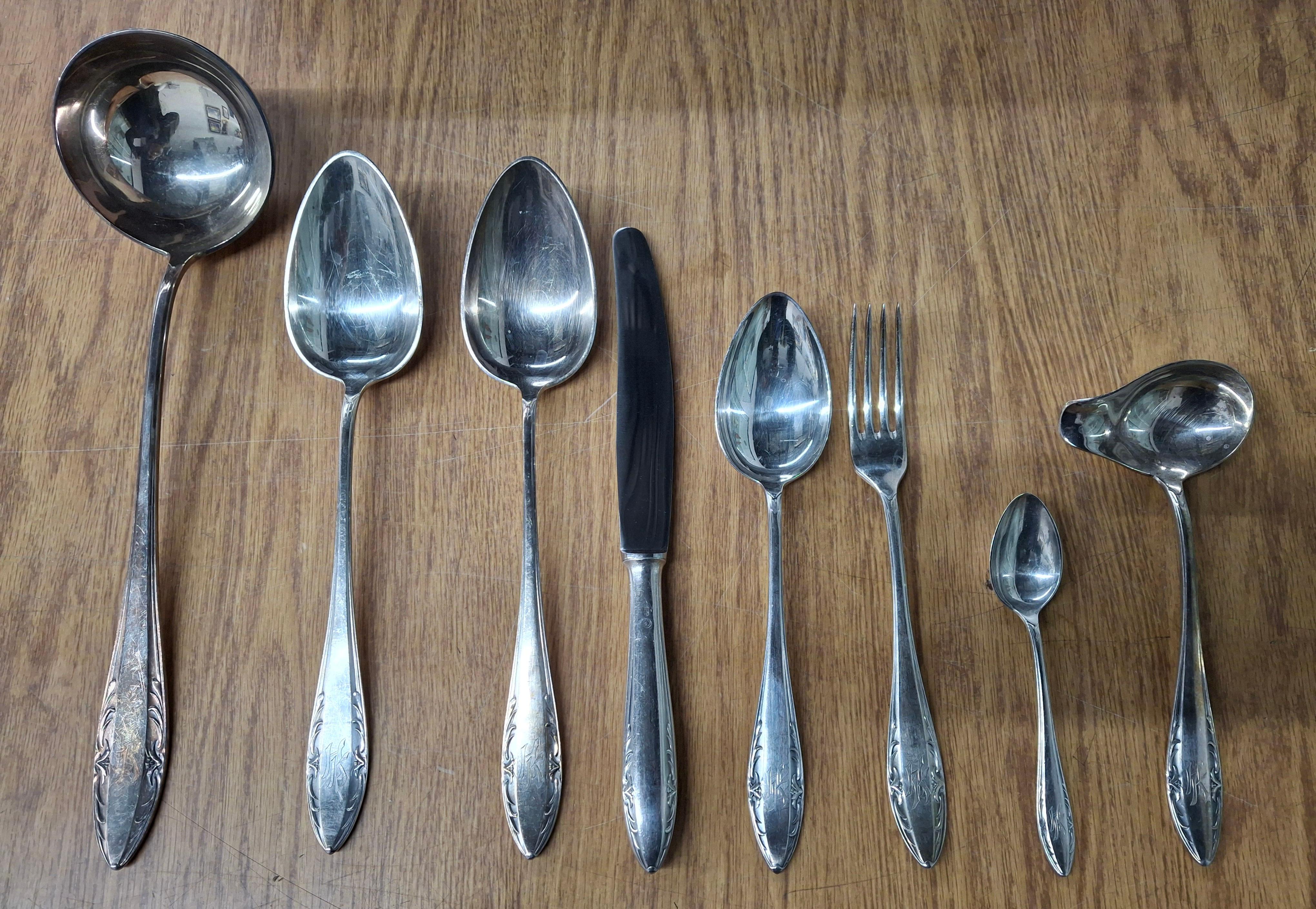 Etched Art. Krupp Berndorf Solingen Silverplate Flatware Set 39pcs in Case For Sale