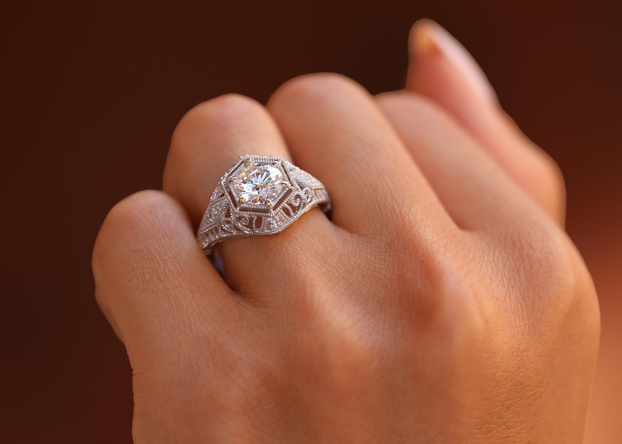 Round Cut Art Deco Style 1.26 Carat Round Diamond Filigree Engagement Ring