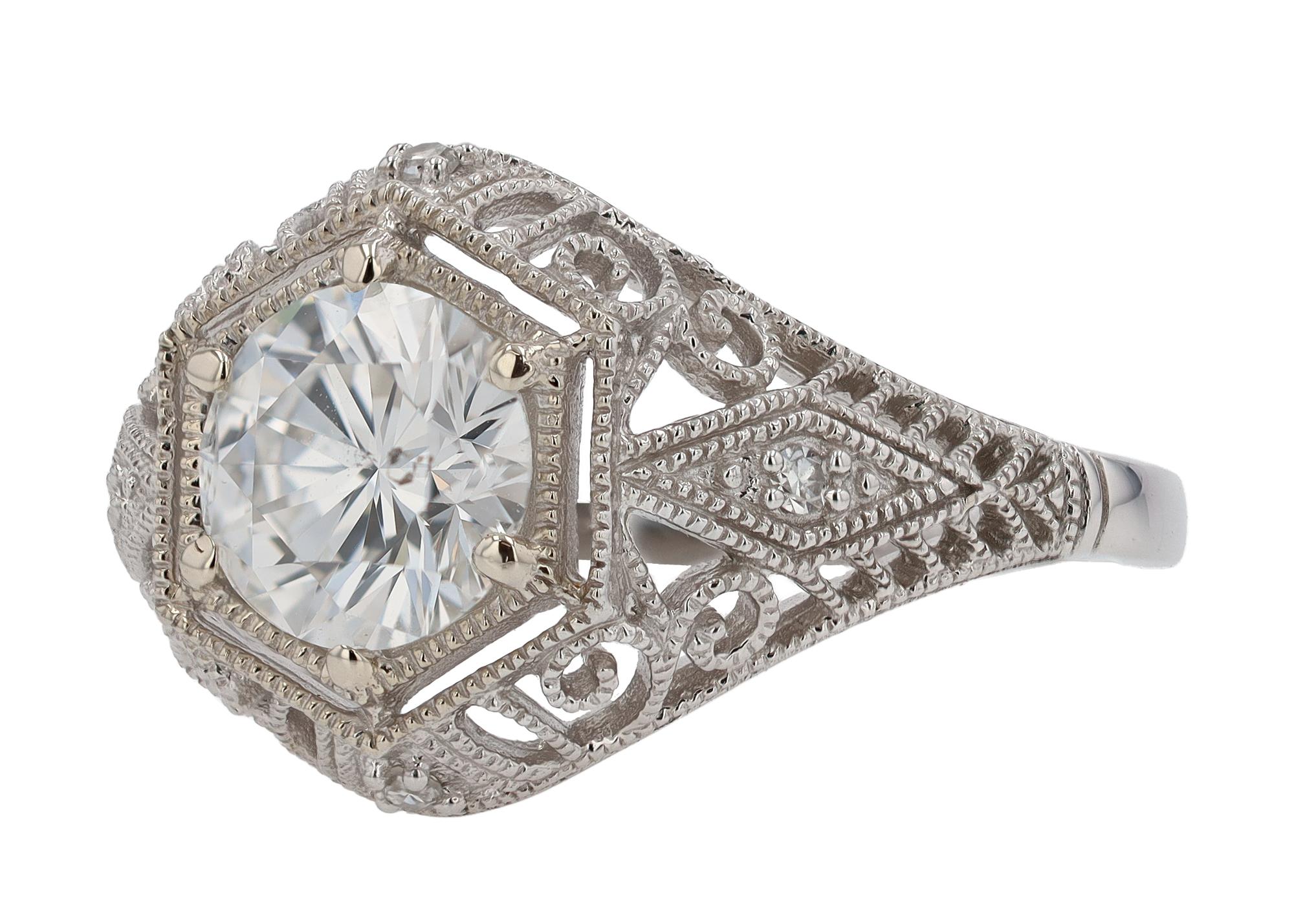 Art Deco Style 1.26 Carat Round Diamond Filigree Engagement Ring In New Condition In Santa Barbara, CA