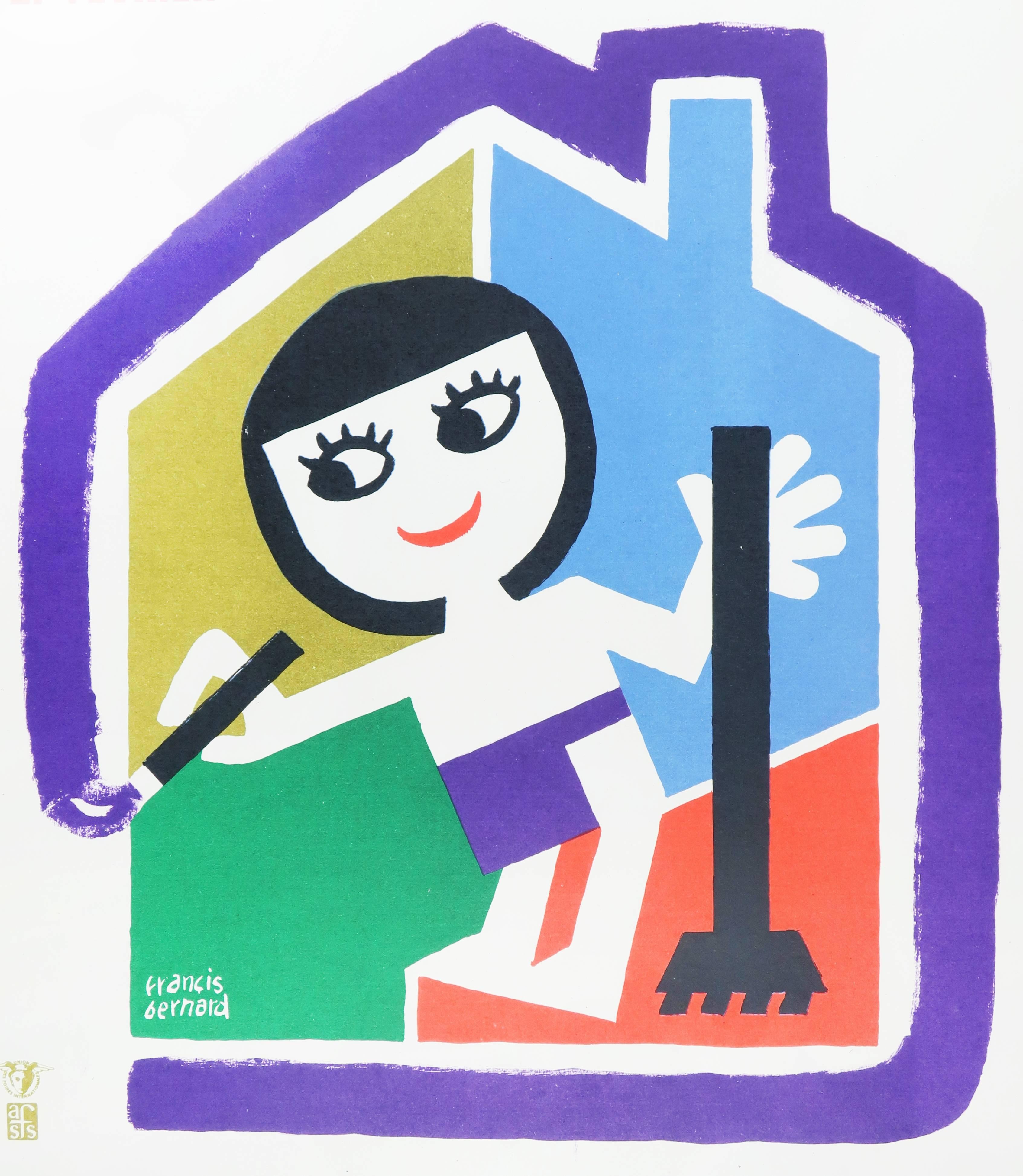 A poster by French artist Francis Bernard (1900-1979) for the Arts Ménagers exhibition at the Palais de la Défense in suburban Paris. The Salon des Arts Ménagers was an annual exhibition in Paris of domestic appliances, furniture and home designs.