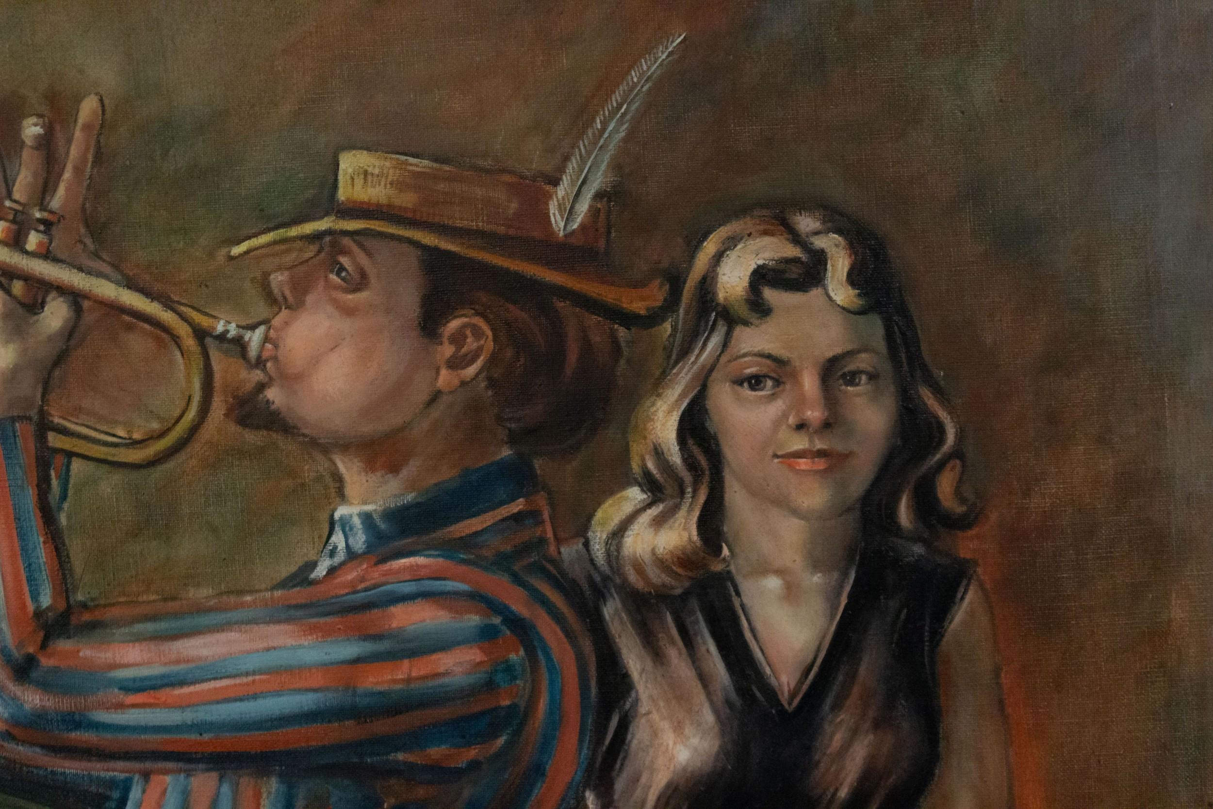 Amerikanisches Ölgemälde der Art Moderne aus den 1940er Jahren mit einer Barszene aus den 1930er Jahren und einem Trompeter. (Begleittext: 054912A-054912D)