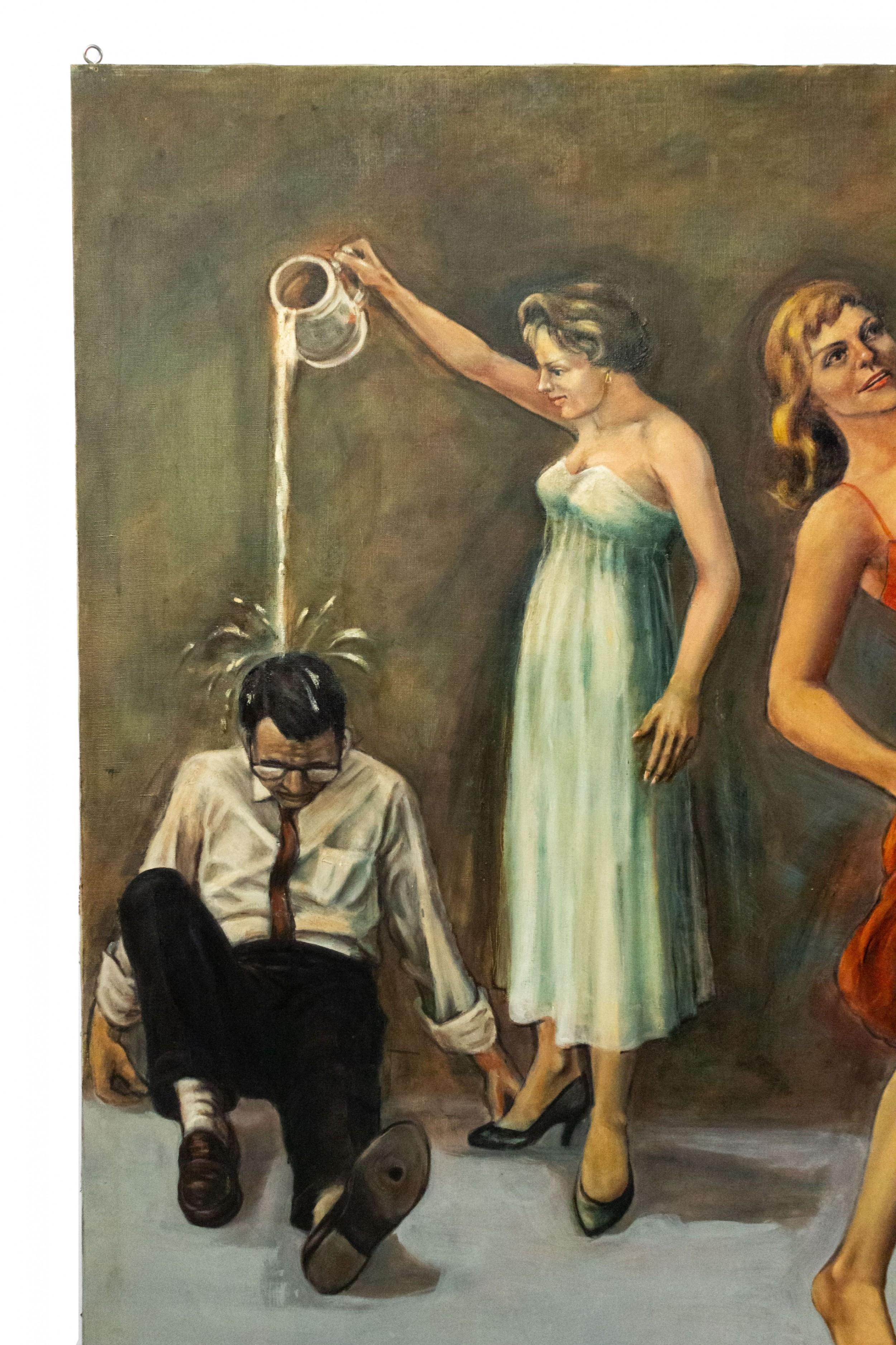 Dipinto a olio di Art Moderne americano degli anni '40 con scena di bar degli anni '30 e figura che balla (pezzi complementari: 054912A-054912C)