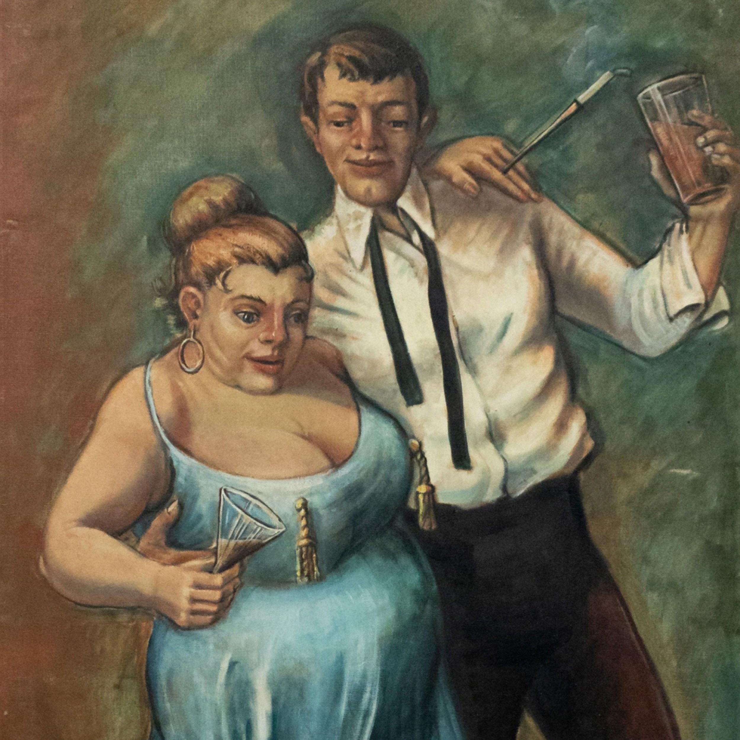 Hand-Painted Art Moderne Bar Scene Painting For Sale