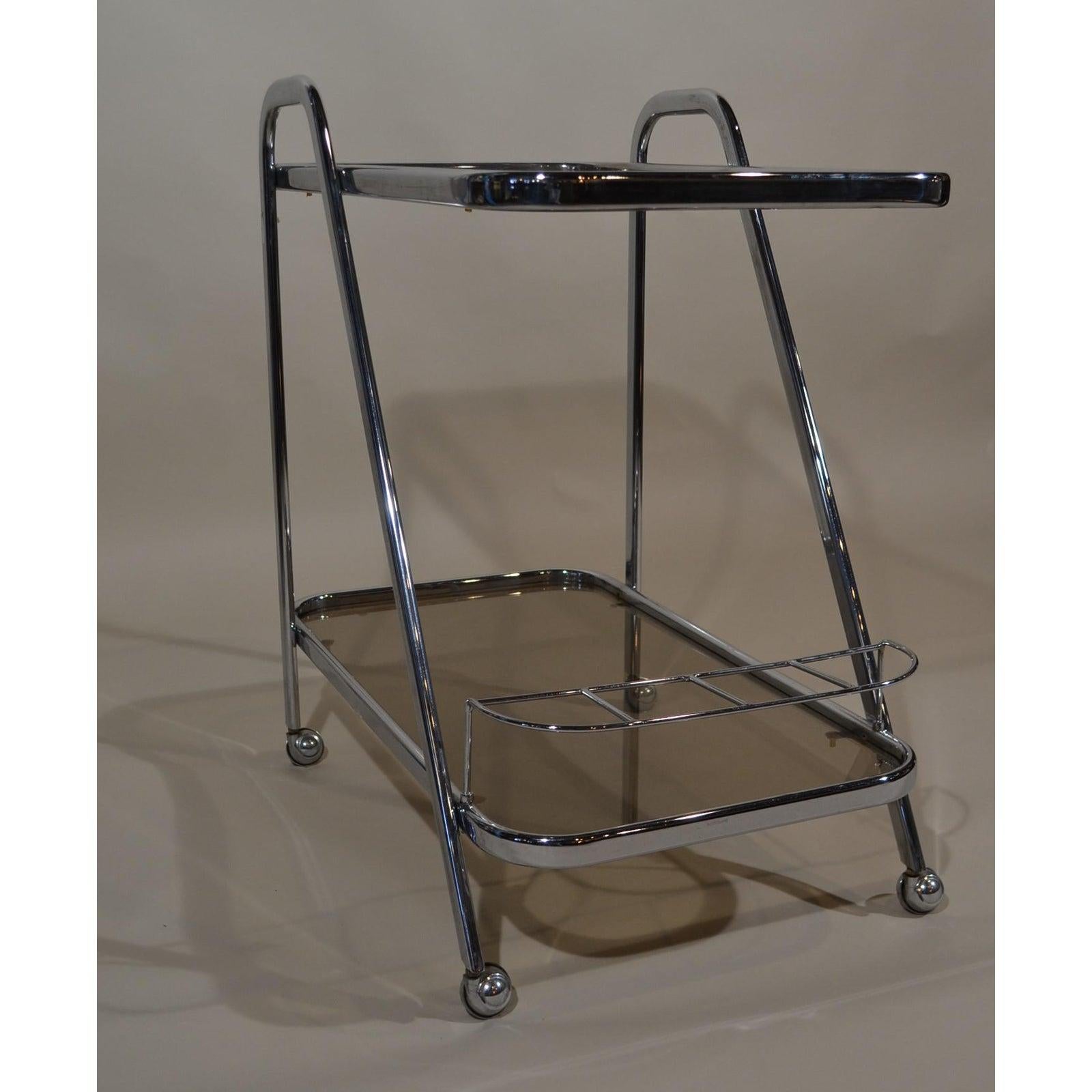 This bar cart has clean modern lines and is easy to clean up after a fancy party. You could feature some vintage cocktail shakers on the upper or lower levels when it is not in use.