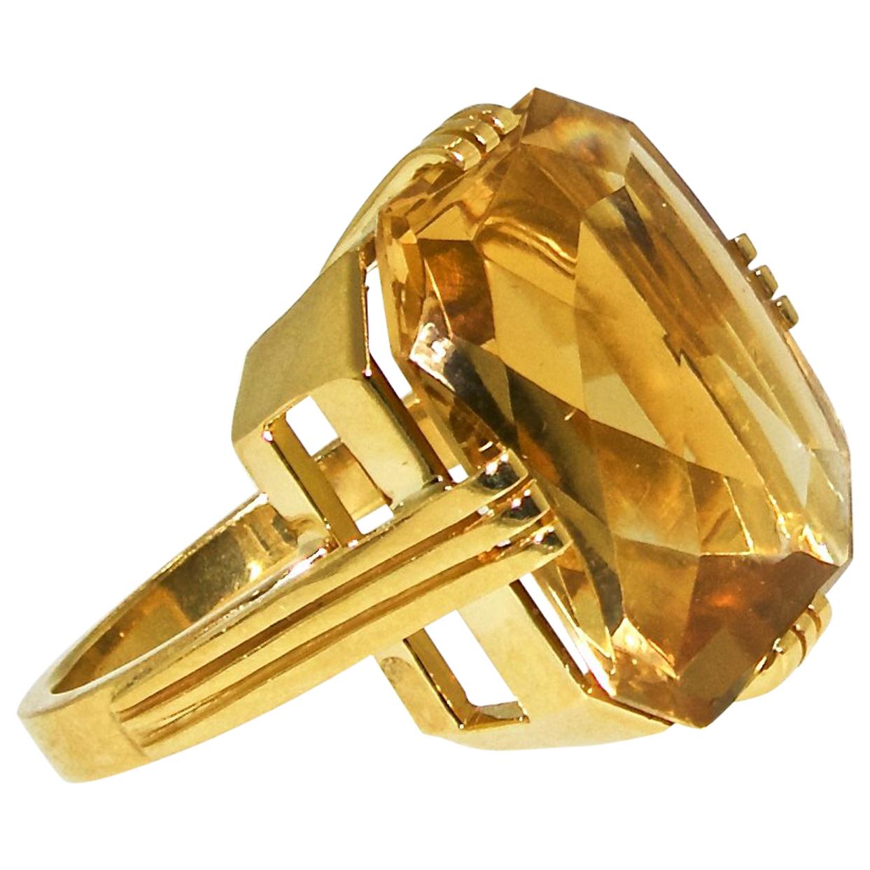 Art Moderne Gold and Fancy Cut Citrine Ring, circa 1945