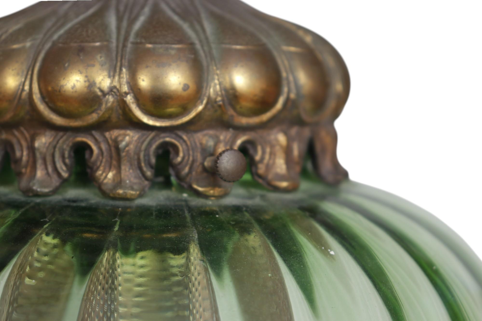 Metal Art Moderne Green Glass Lanterns, a Pair For Sale