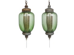 Art Moderne Green Glass Lanterns, a Pair