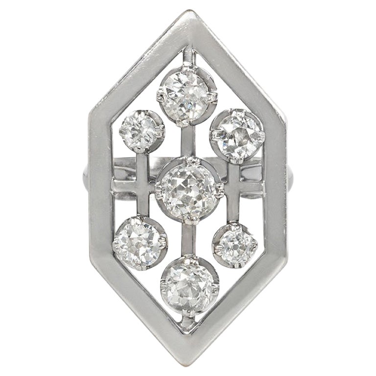 Anillo con placa hexagonal de platino y diamantes talla europea antigua Art Moderne en venta