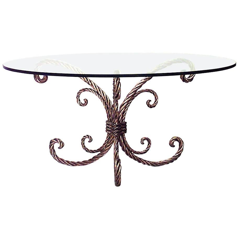 Art Moderne Rope and Tassel Gilt Metal and Glass Coffee Table For Sale