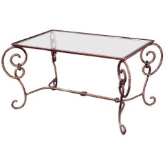 Art Moderne Gilt Metal Coffee Table, Rope and Tassel Design, Glass Top