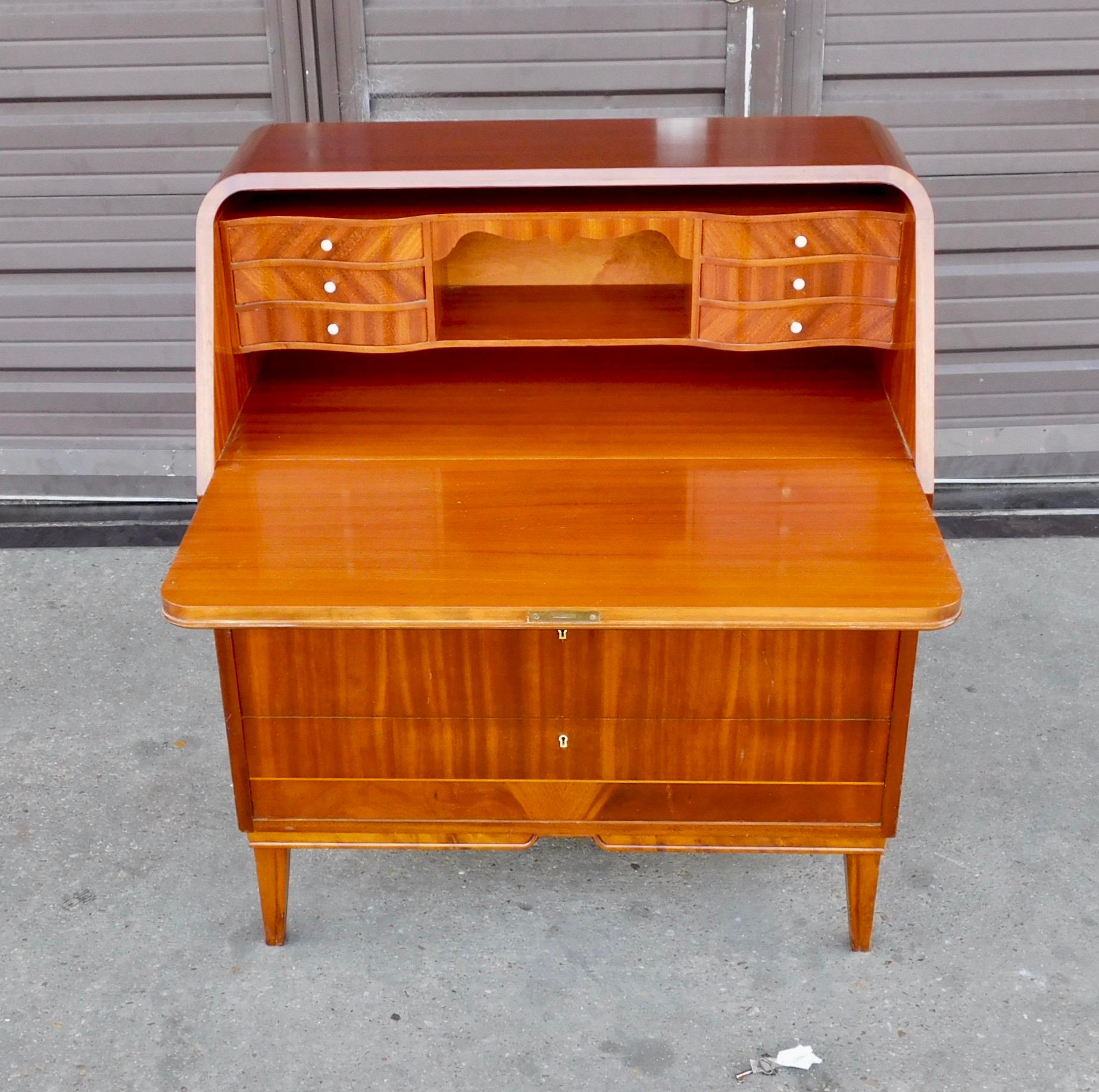 Art Deco Art Moderne Secretaire Desk with Chest of Drawers in Mahogany, Sweden, 1940s For Sale