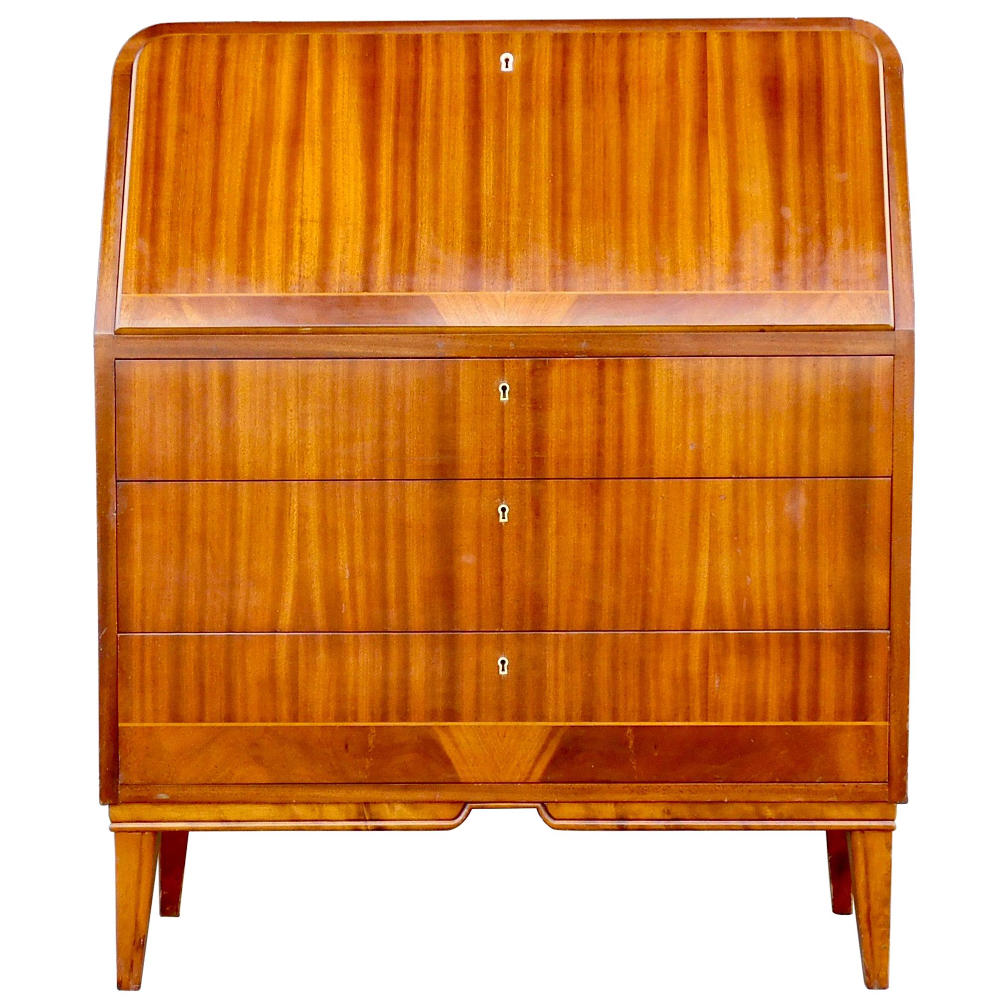Art Moderne Secretaire Desk with Chest of Drawers in Mahogany, Sweden, 1940s For Sale