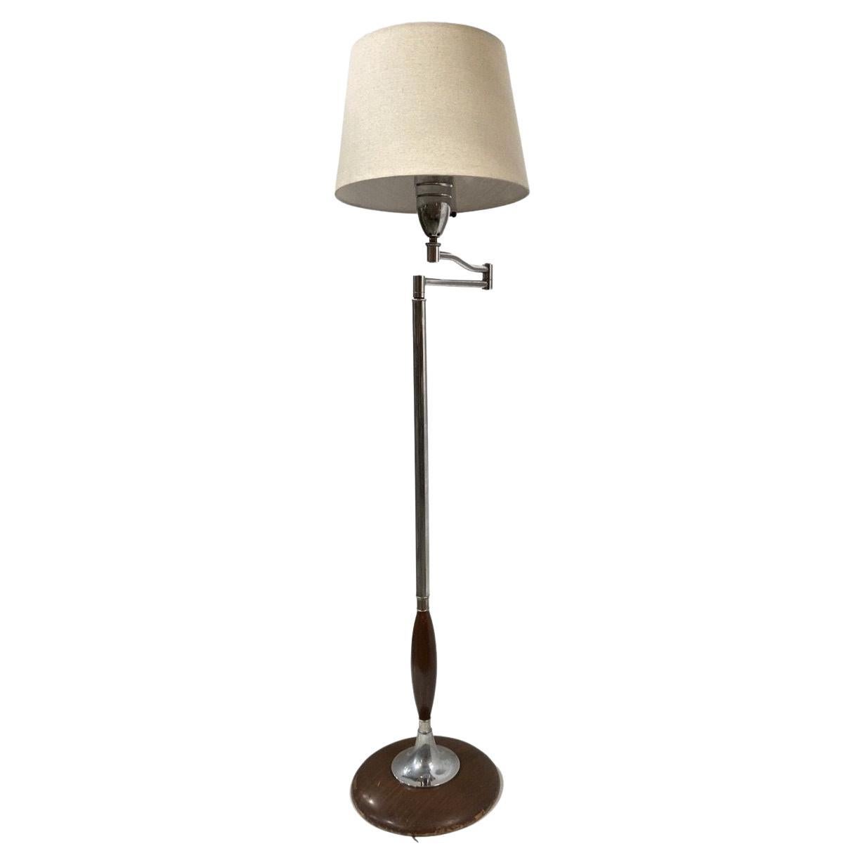 Art Moderne Wood and Chrome Swing Arm Floor Lamp For Sale
