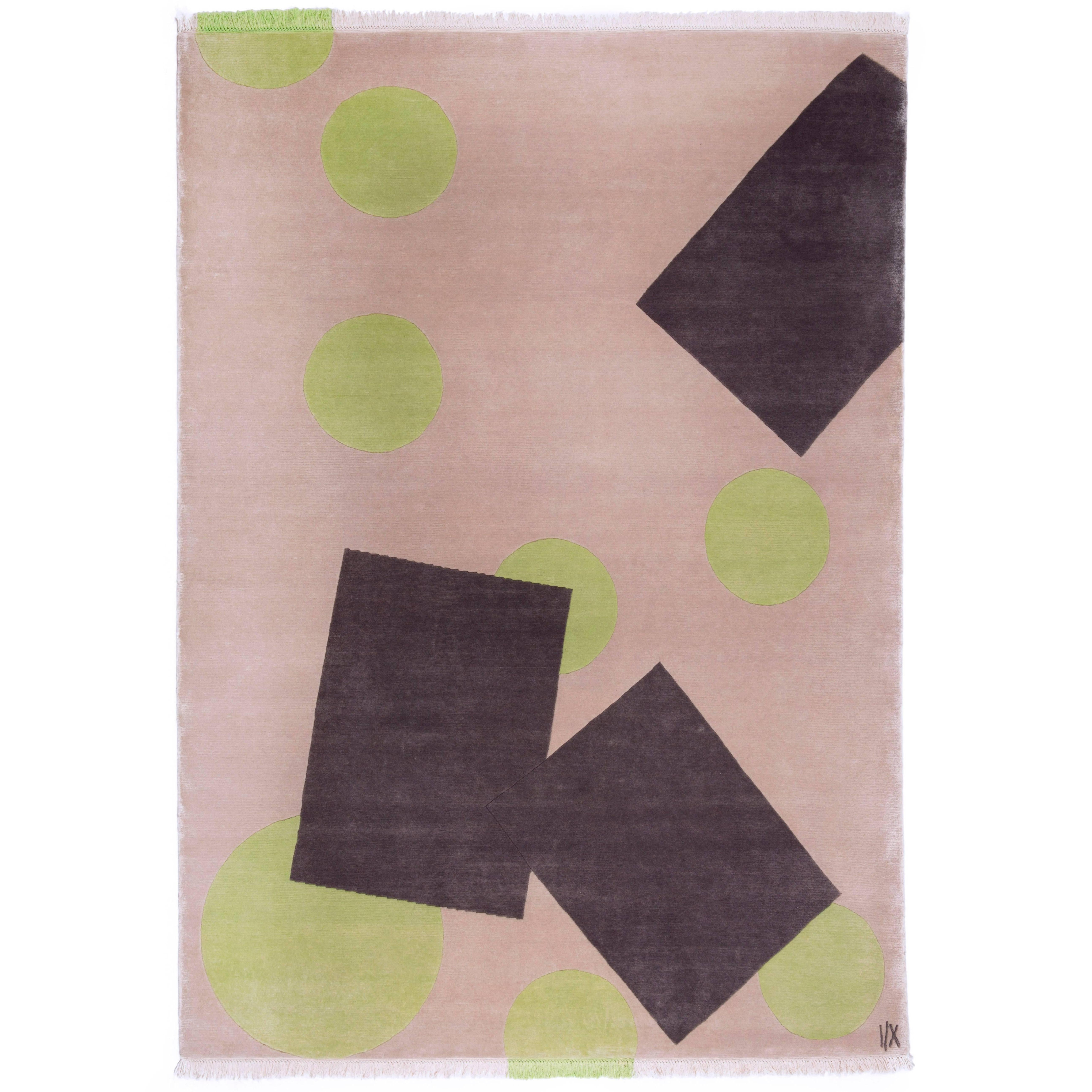 Rug  Modern Geometric Beige Brown Squares Pale Green with Circles Wool Carpet
