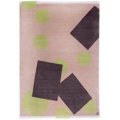 Rug  Modern Geometric Beige Brown Squares Pale Green with Circles Wool Carpet