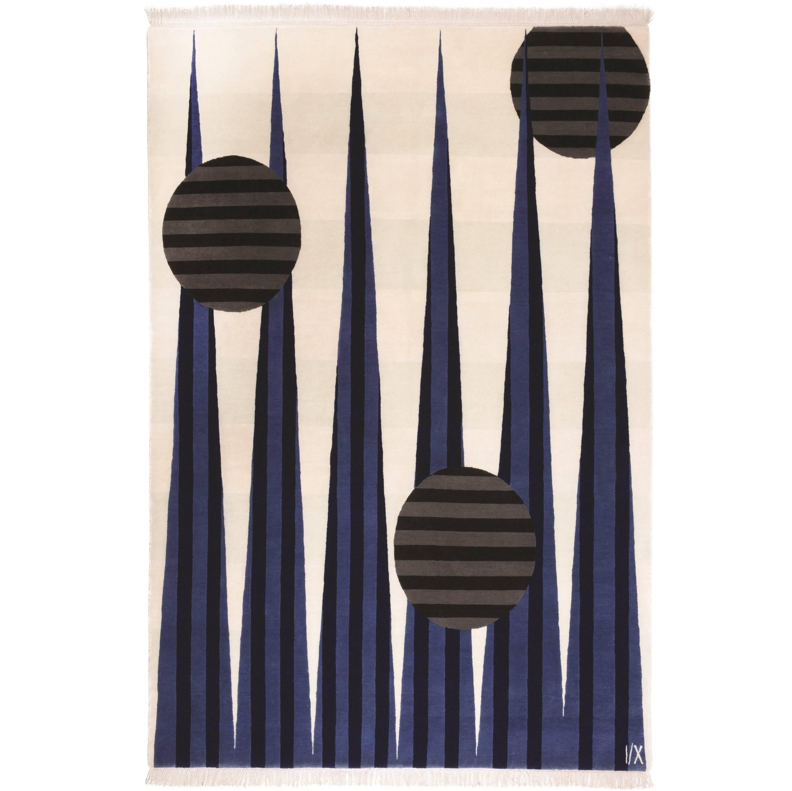 Art Money Blue - Modern Geometric Neutral Off White Blue & Black Circles Wool 