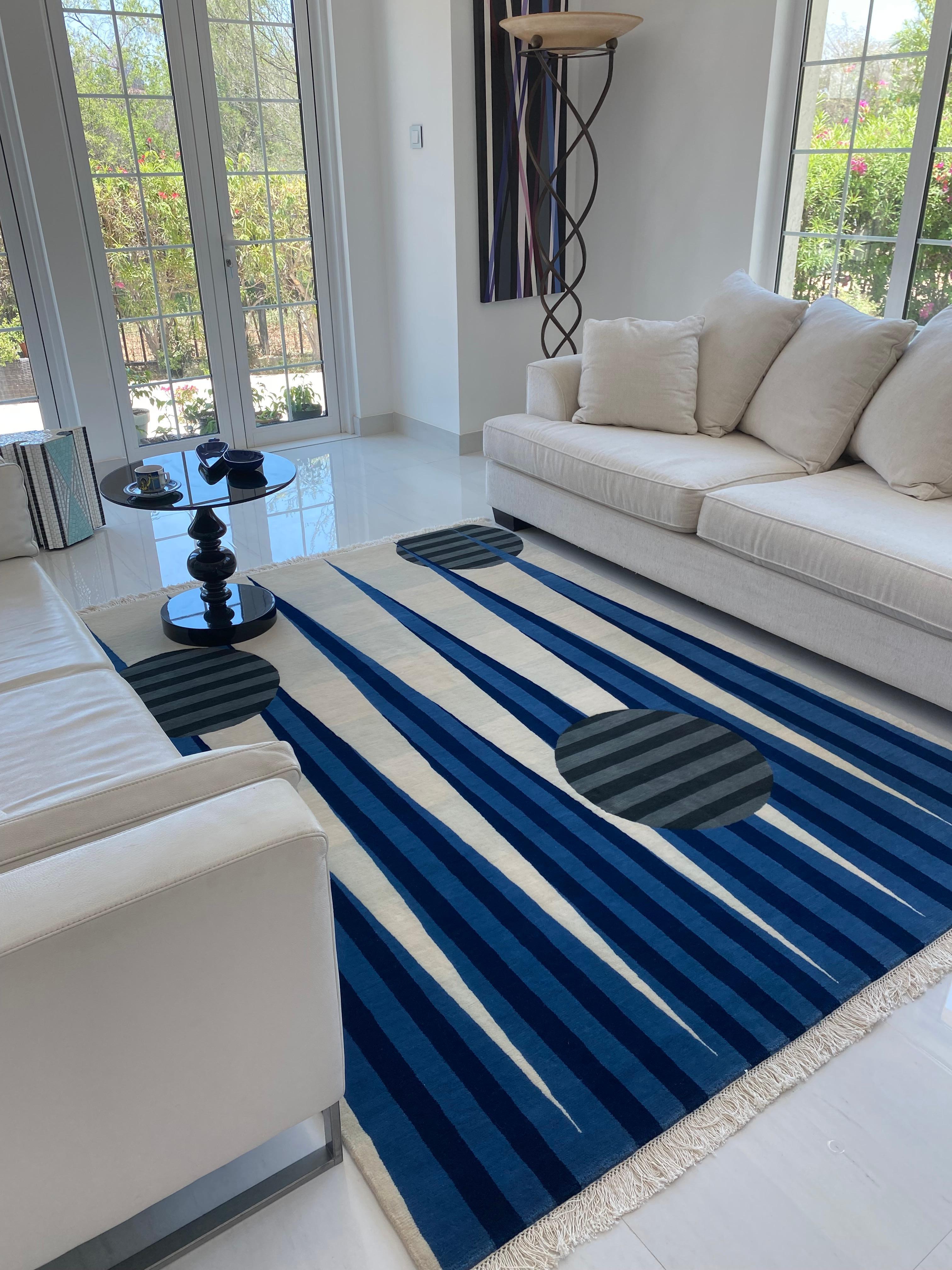 Contemporary Rug  Blue Modern Geometric Neutral White Blue & Black Circles Wool Carpet For Sale