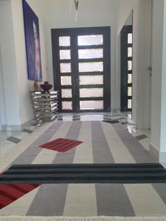 Rug Red Wool Modern Geometric Neutral White Black Grey Striped Carpet knotted