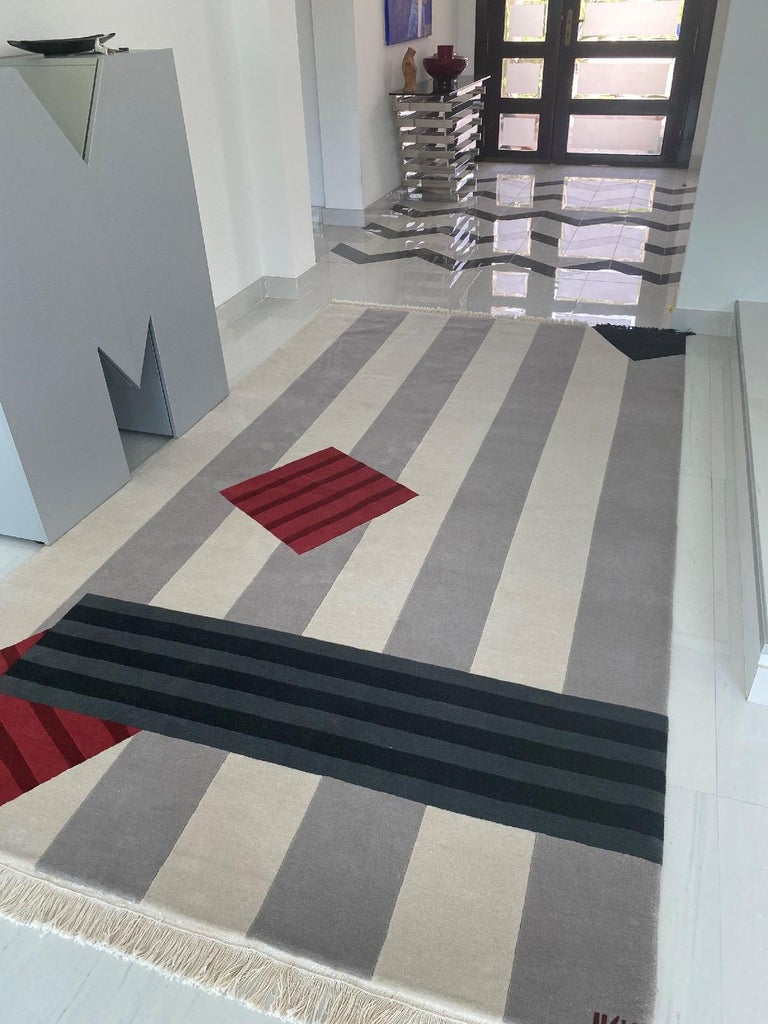 Indian Rug Red Wool Modern Geometric Neutral White Black Grey Striped Carpet knotted For Sale