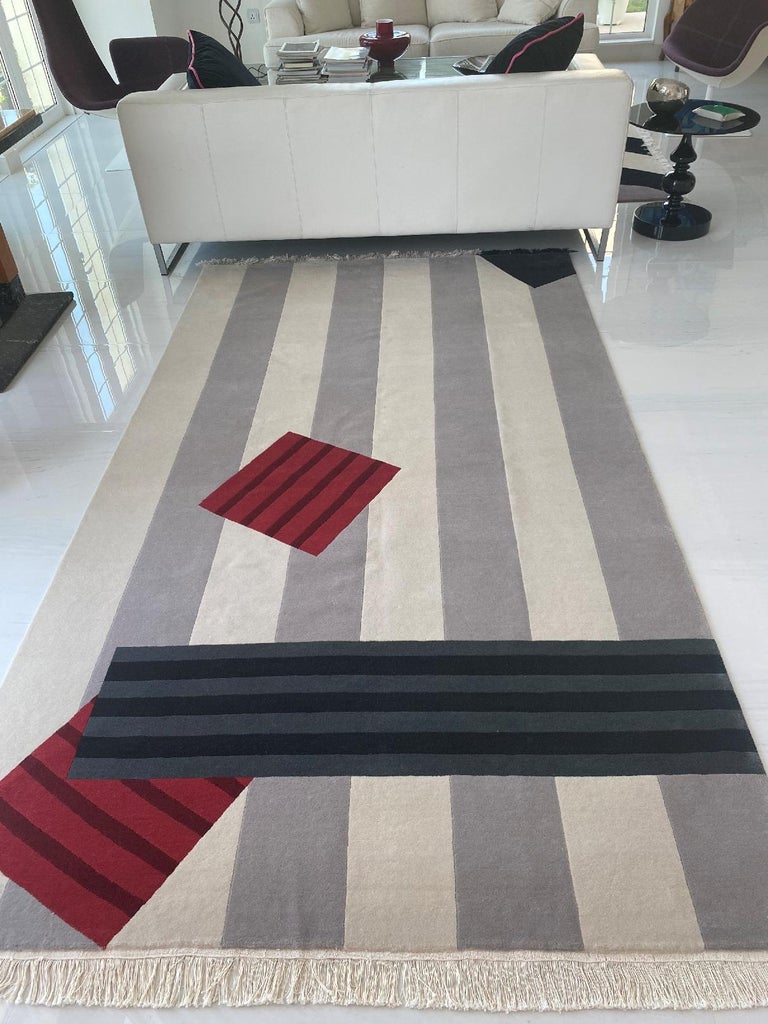 Hand-Knotted Rug Red Wool Modern Geometric Neutral White Black Grey Striped Carpet knotted For Sale