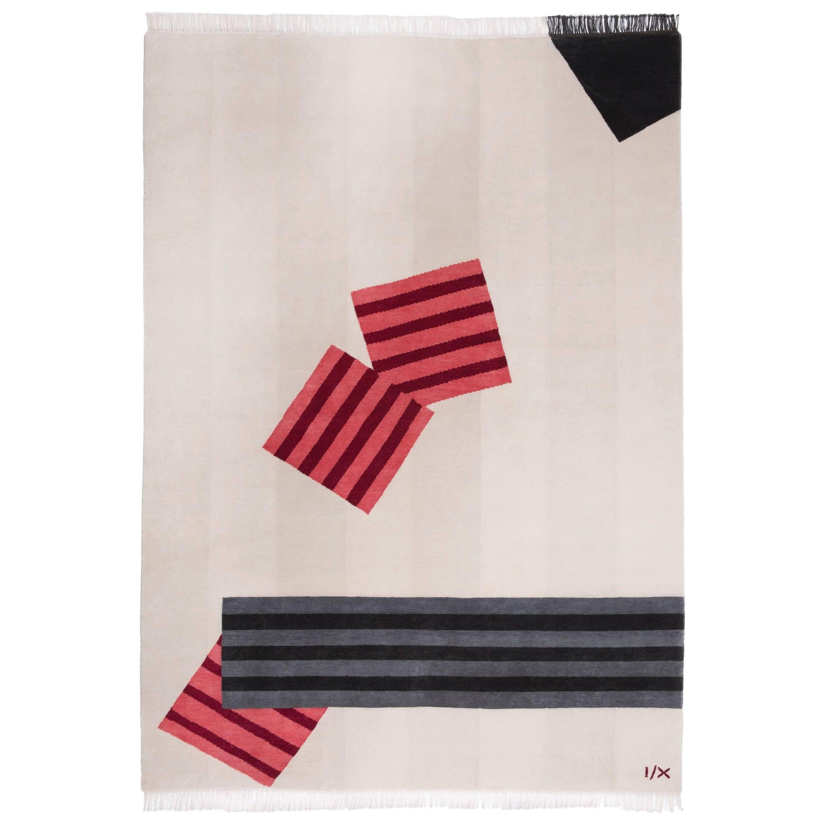 Rug Modern Geometric Neutral Beige Stripes White Black Grey & Red Wool Carpet