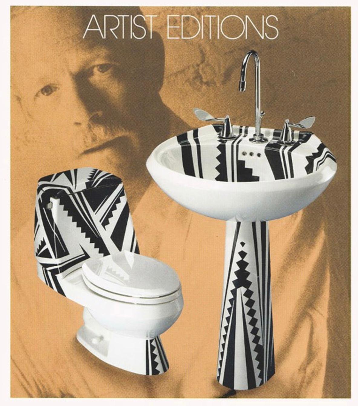 Art Nelson for Kohler artist's edition cactus cutter pedestal sink, 1986. Extremely rare piece by ceramics icon Art Nelson, limited production in 1986 for Kohler Artist's Edition. Graphic geometric pattern, all original hardware including faucet and