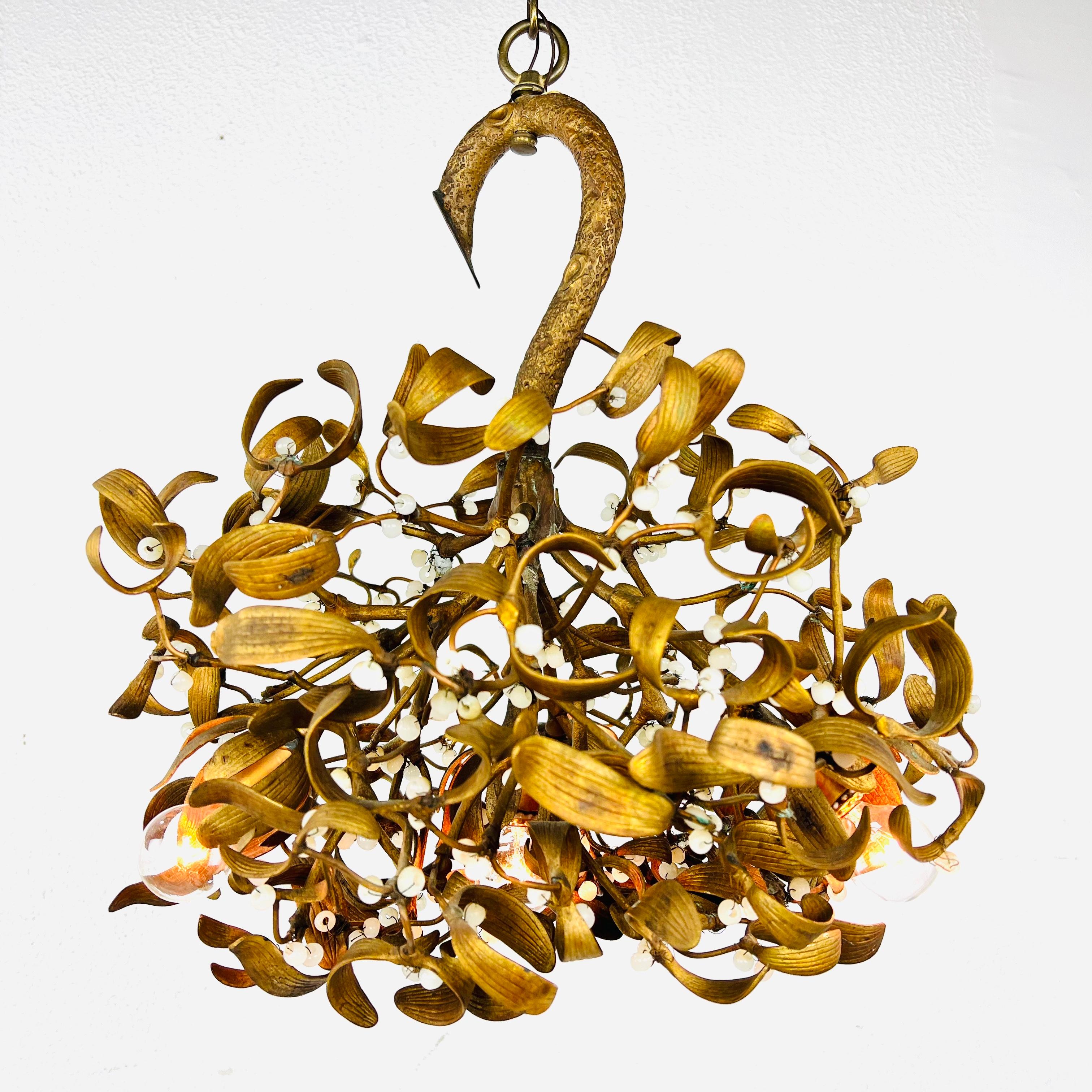 Sculptural early 1900s art nouveau antique bronze mistletoe chandelier. Berries are made from glass opaline beads. 4 E14 bulbs provide plenty of light. 