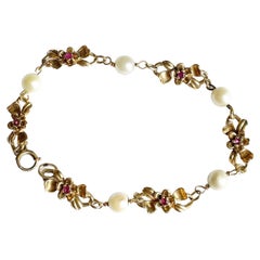 Art Neveau 14k Yellow Gold Antique Pearl and Flower Link Design with Ruby Center