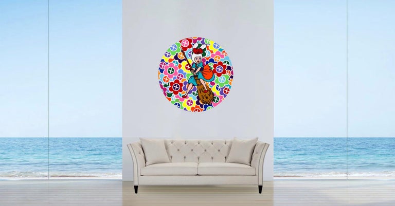 Pop Art Painting  Flying Gazi, Flower, Young Girl, Rabbit - Beige Portrait Painting by Art Nom