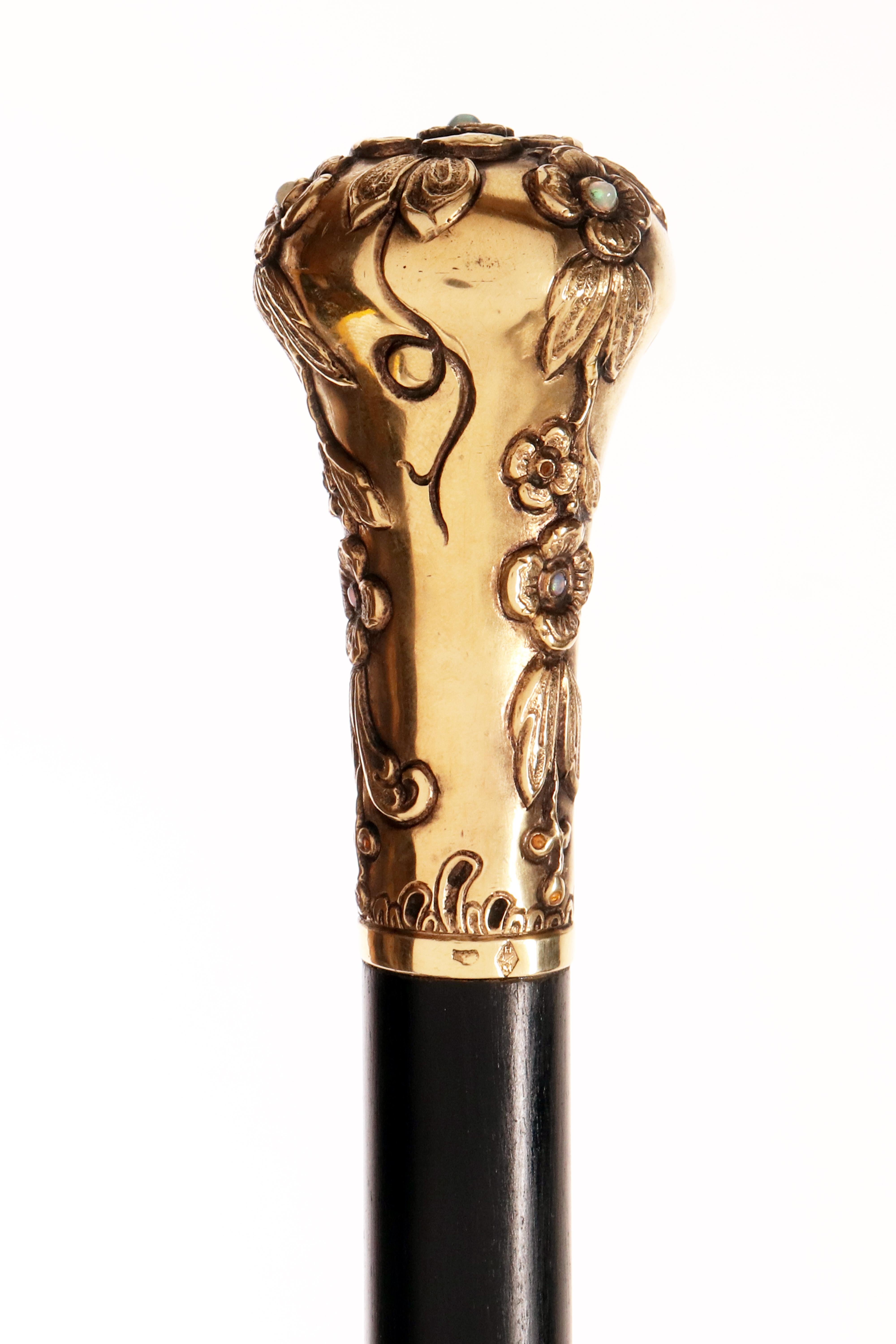 20th Century Art Nouvau walking stick, knob with flowers by Henri-Victor Miault, France 1900. For Sale