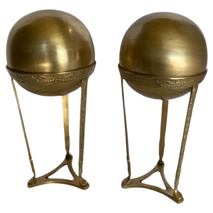 Art Nouvea Style Pair of Embossed Brass Crystal Orb and Pedistals For Sale