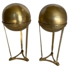 Art Nouvea Style Pair of Embossed Brass Crystal Orb and Pedistals