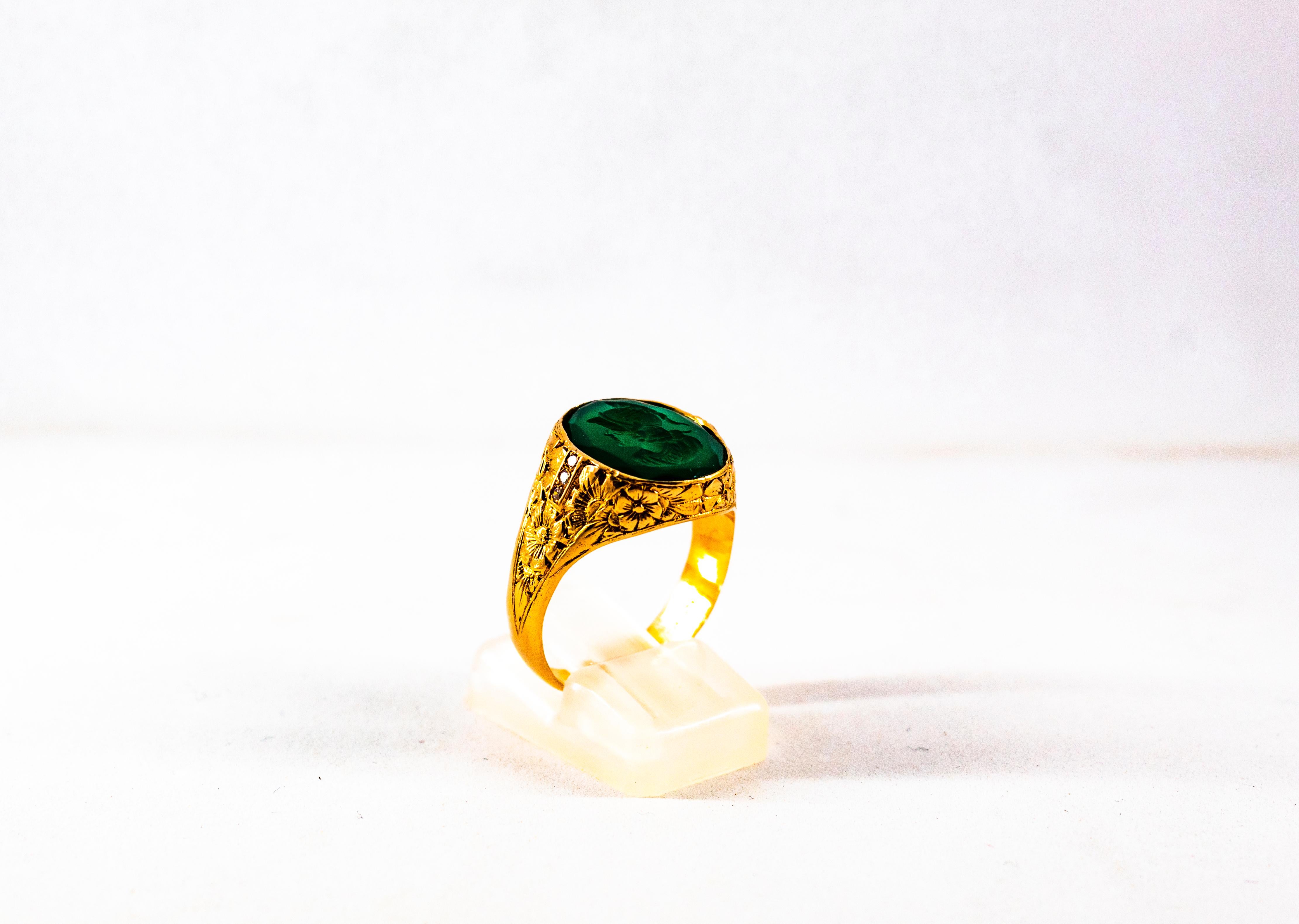 Women's or Men's Art Nouveau 0.06 Carat White Diamond Carved Carnelian Yellow Gold Cocktail Ring