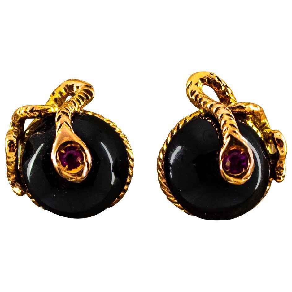 Art Nouveau 0.08 Carat Ruby Onyx Yellow Gold Stud Dangle "Snake" Earrings