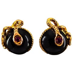 Art Nouveau 0.08 Carat Ruby Onyx Yellow Gold Stud Dangle "Snake" Earrings