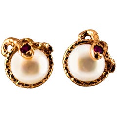Art Nouveau 0.08 Carat Ruby Pearl Yellow Gold Stud Dangle Clip-On Snake Earrings