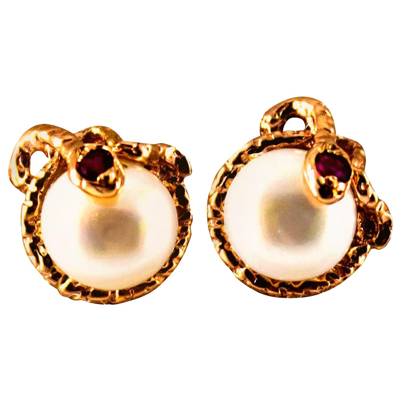 Art Nouveau Style 0.08 Carat Ruby Pearl Yellow Gold Stud Dangle "Snake" Earrings