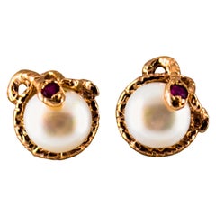 Art Nouveau 0.08 Carat Ruby Pearl Yellow Gold Stud Dangle "Snake" Earrings