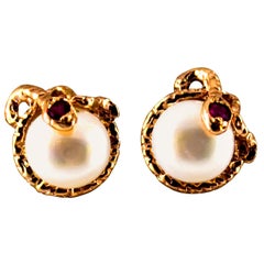 Art Nouveau 0.08 Carat Ruby Pearl Yellow Gold Stud Dangle "Snake" Earrings