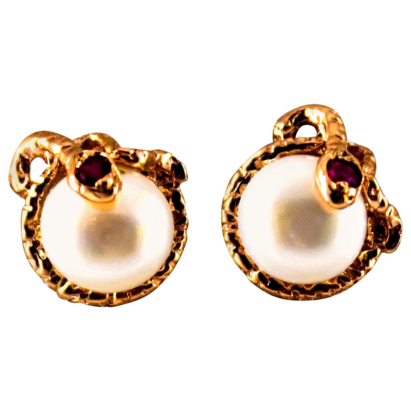 Art Nouveau 0.08 Carat Ruby Pearl Yellow Gold Stud Dangle "Snake" Earrings