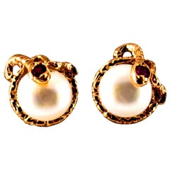 Art Nouveau 0.08 Carat Ruby Pearl Yellow Gold Stud Dangle "Snake" Earrings