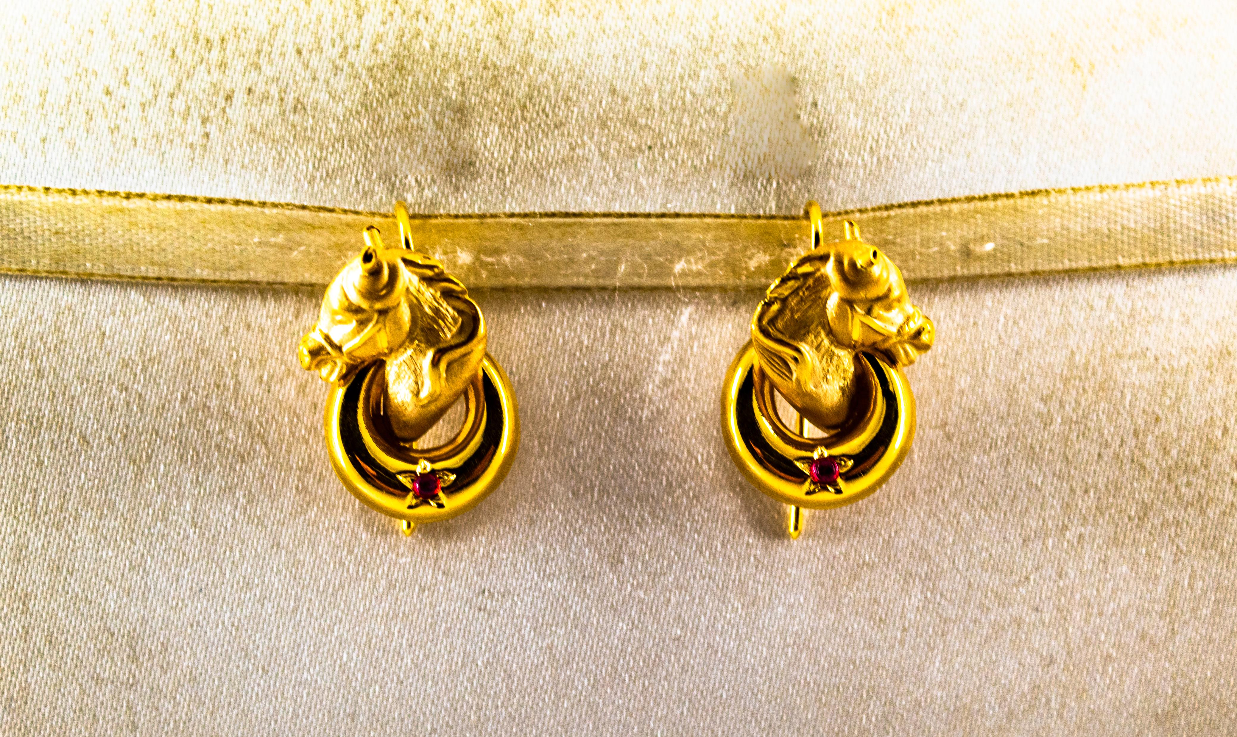 Women's or Men's Art Nouveau 0.10 Carat Ruby Yellow Gold Stud Dangle 