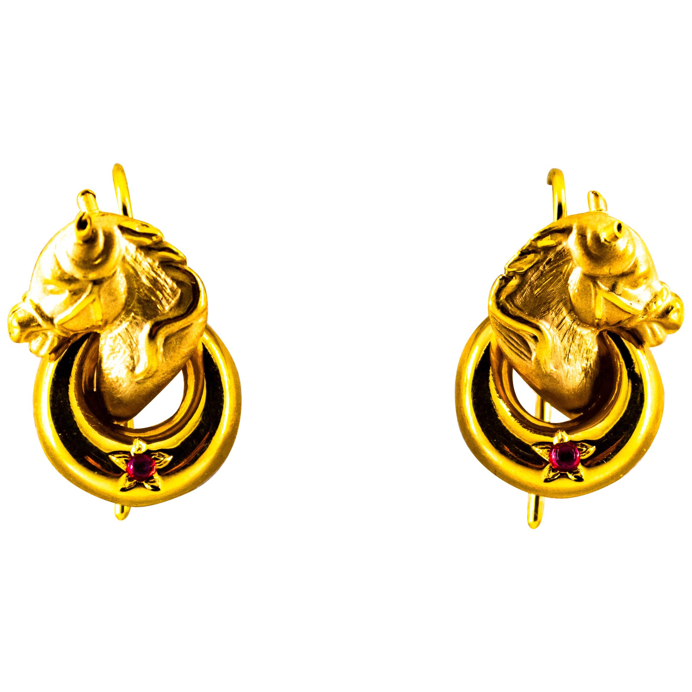 Art Nouveau 0.10 Carat Ruby Yellow Gold Stud Dangle "Horses" Earrings
