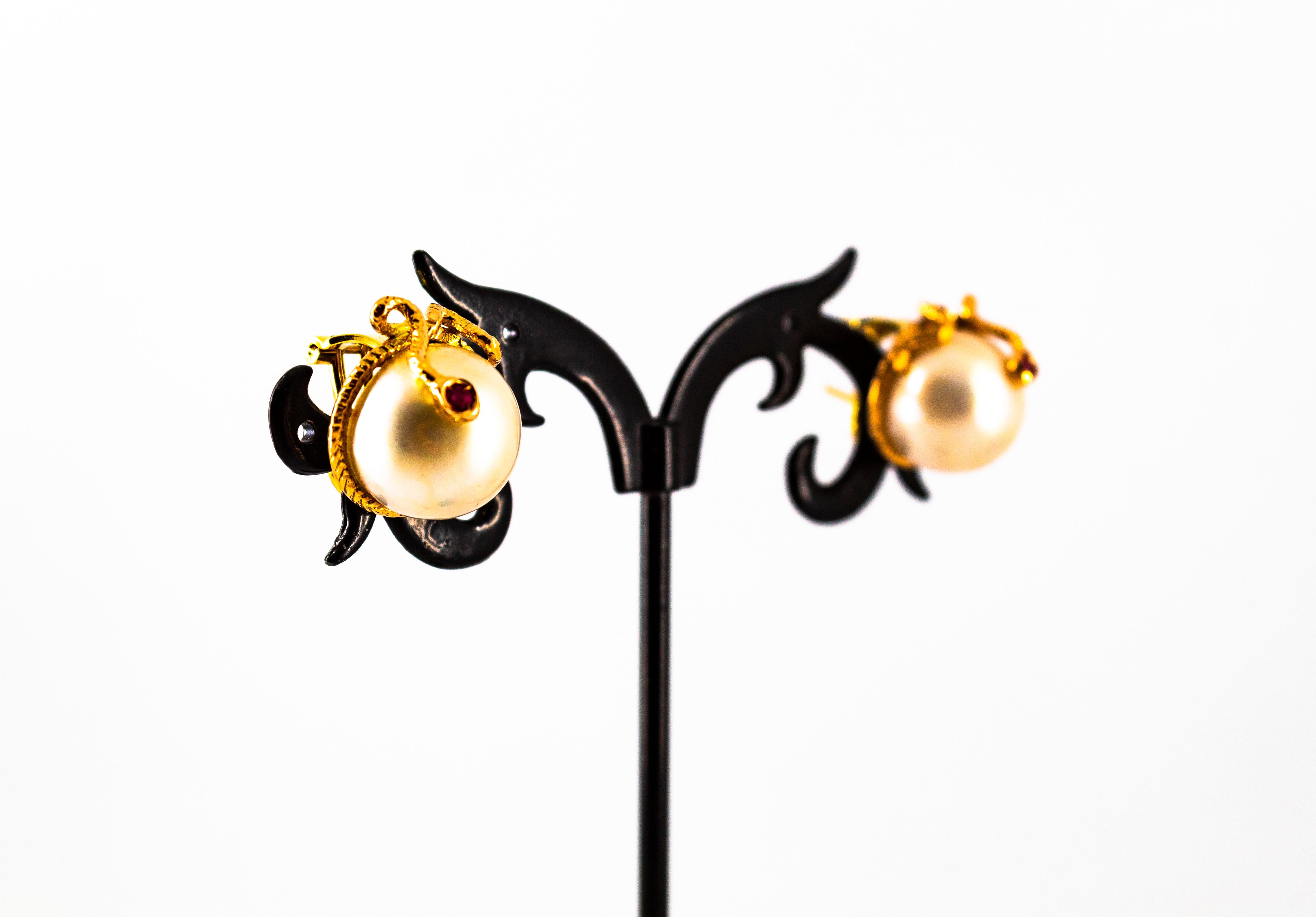 Art Nouveau 0.12 Carat Ruby Mabe Pearl Yellow Gold Clip-On Dangle Snake Earrings For Sale 5