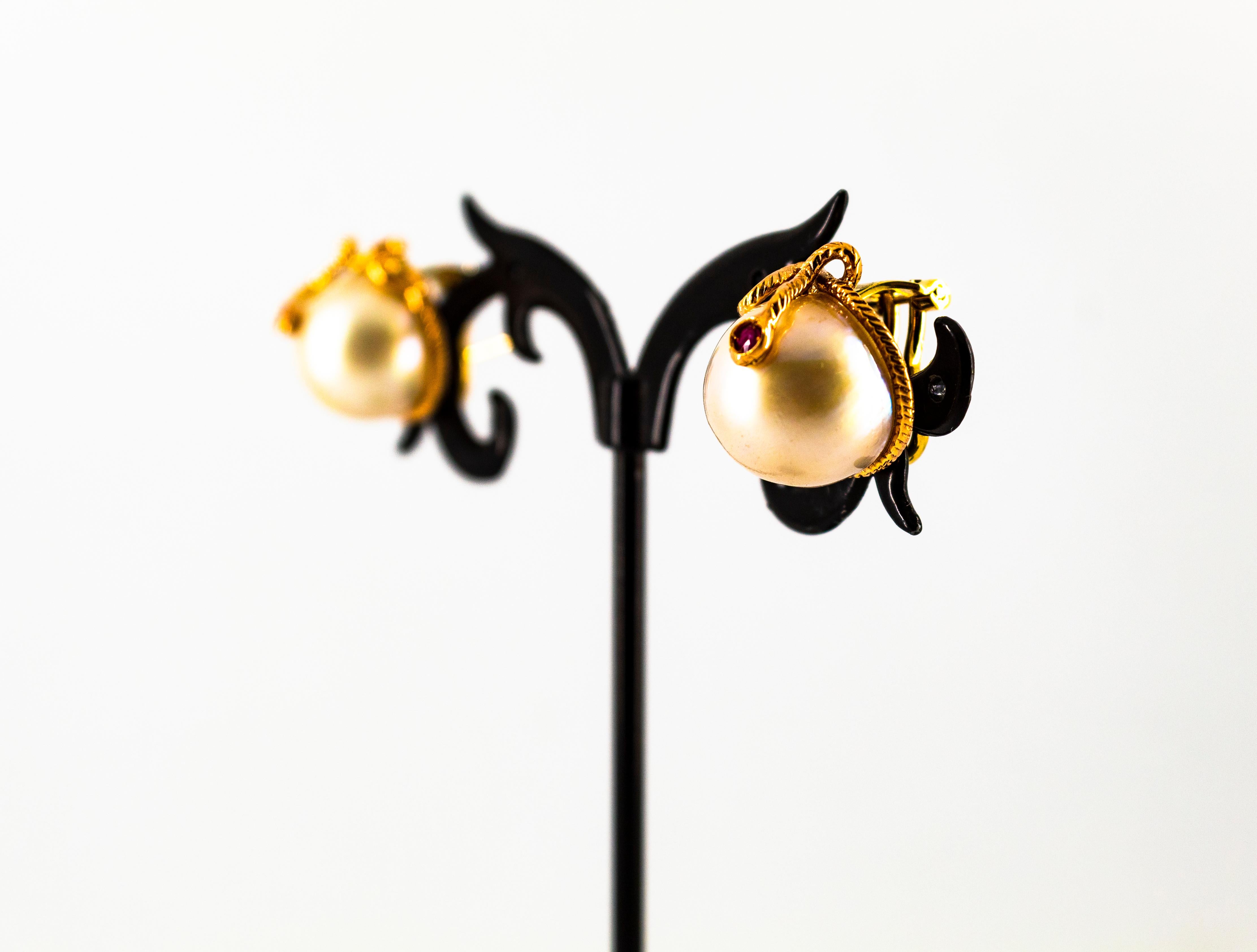 Art Nouveau 0.12 Carat Ruby Mabe Pearl Yellow Gold Clip-On Dangle Snake Earrings For Sale 6
