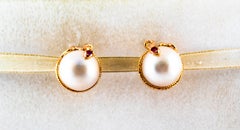 Art Nouveau 0.12 Carat Ruby Mabe Pearl Yellow Gold Clip-On Dangle Snake Earrings