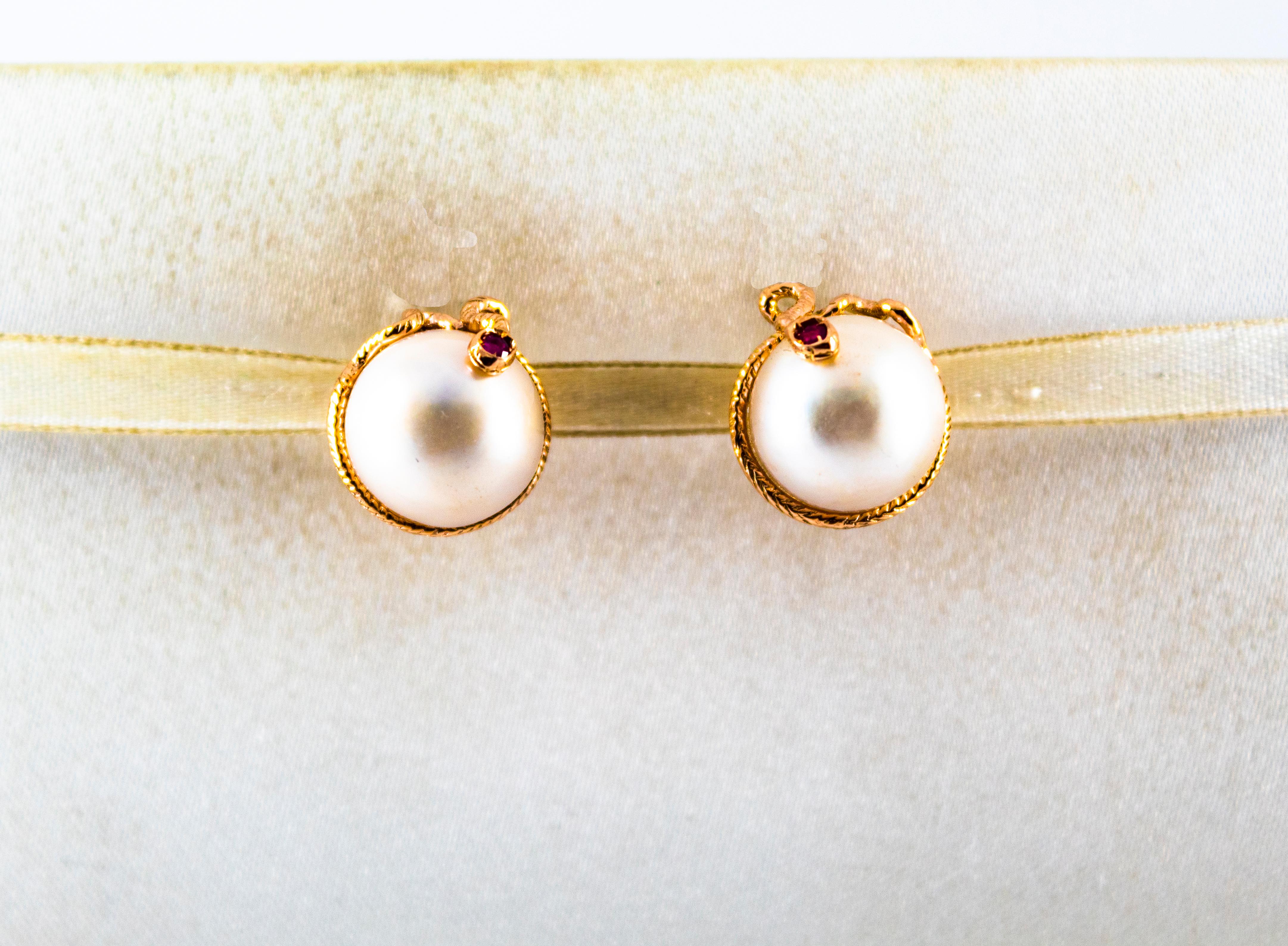 Mixed Cut Art Nouveau 0.12 Carat Ruby Mabe Pearl Yellow Gold Clip-On Dangle Snake Earrings For Sale