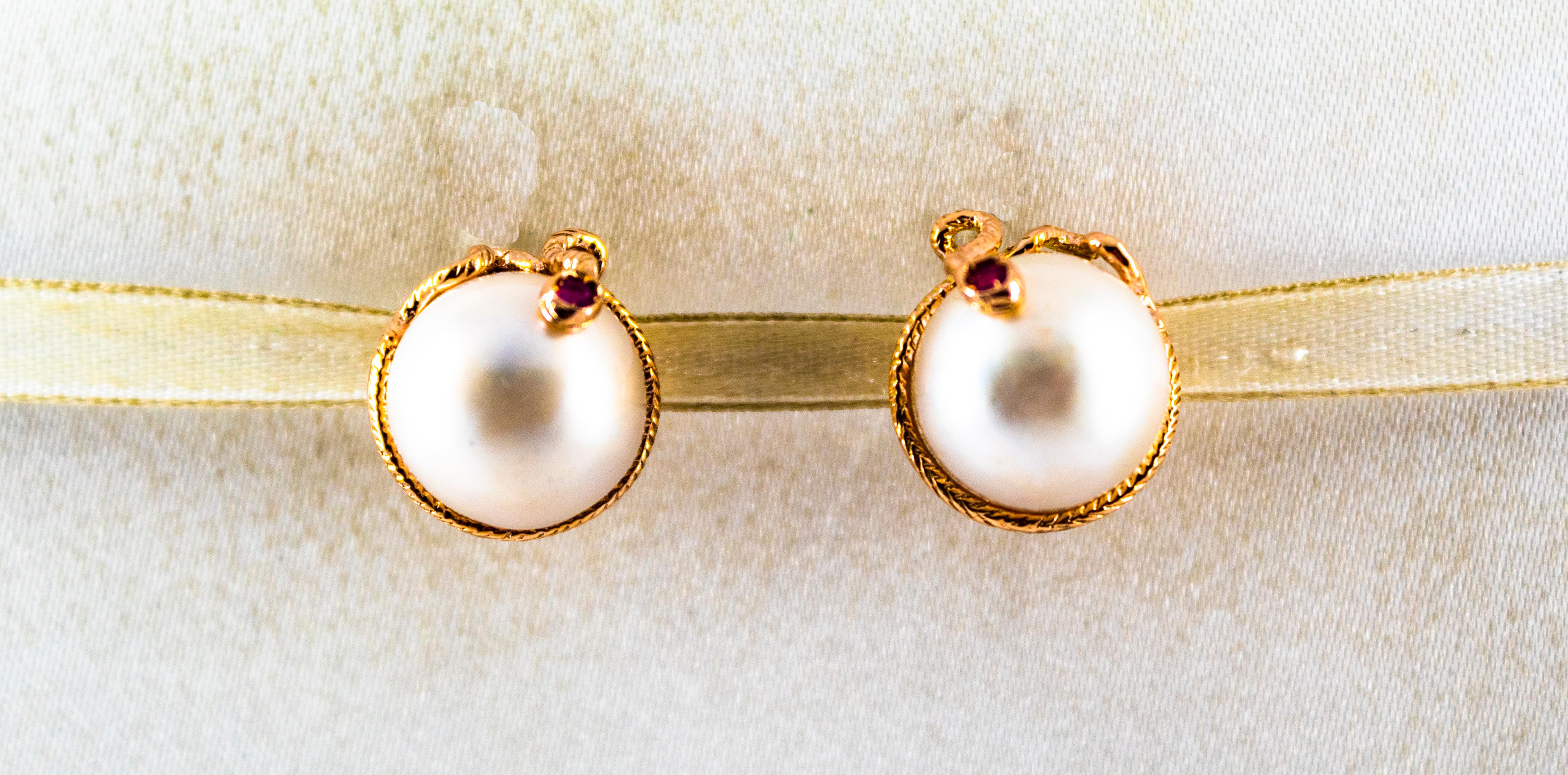 Women's or Men's Art Nouveau 0.12 Carat Ruby Mabe Pearl Yellow Gold Clip-On Dangle Snake Earrings
